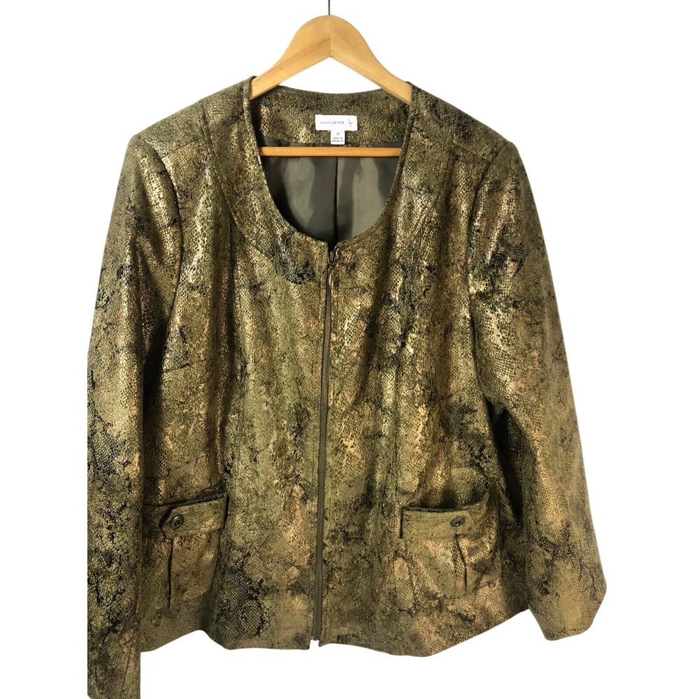 Susan Graver Transitions Gold Metallic Snake Print Full Zip Jacket Pockets